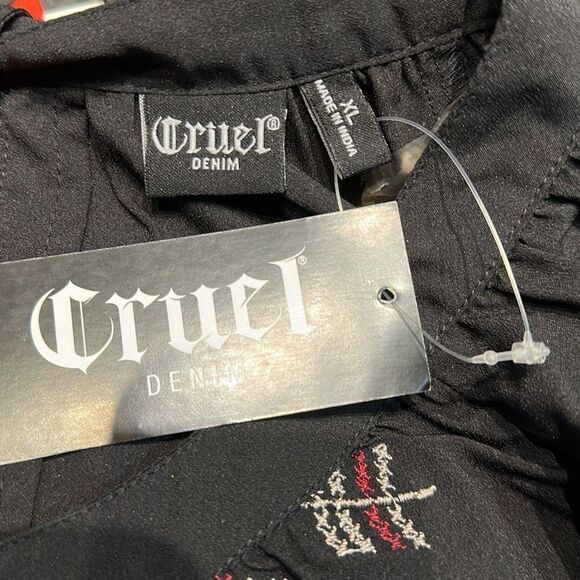 NWT Cruel Denim Blouse Ladies Sz XL Black Embroidered Southwest Tie Back Lightwe - Picture 7 of 8